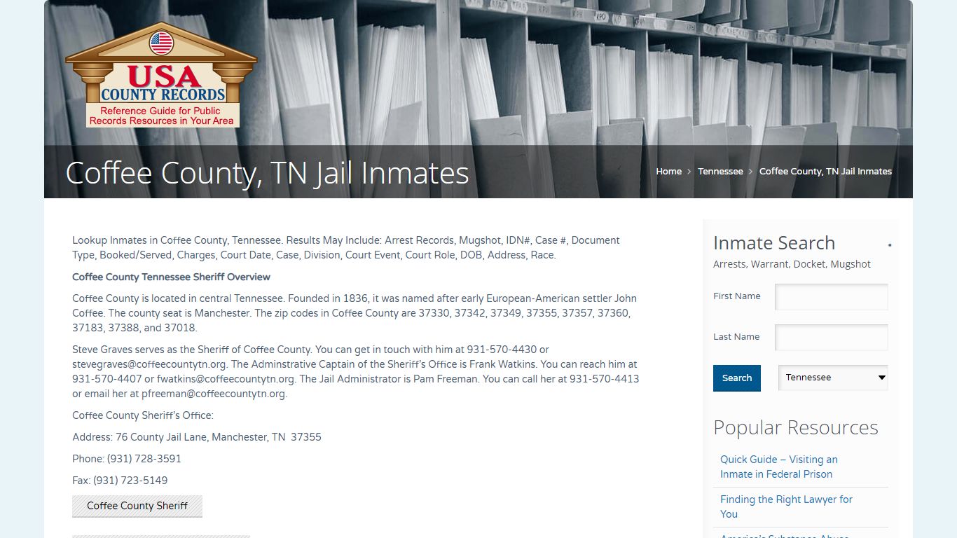 Coffee County, TN Jail Inmates | Name Search